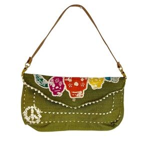 Vintage Loop NYC Y2K Sugar Skull Peace Sign Bag Woven Canvas Multicolor Green